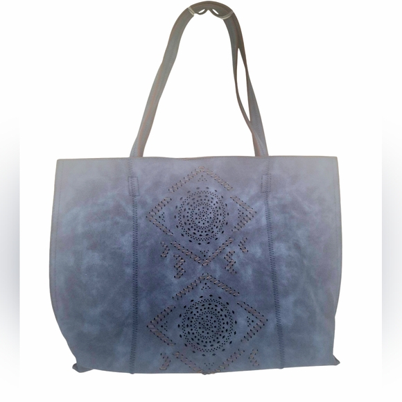 Denim Blue Suede Like Tote with Geometric Lazer Cut Detail Tote Purse - Picture 1 of 8